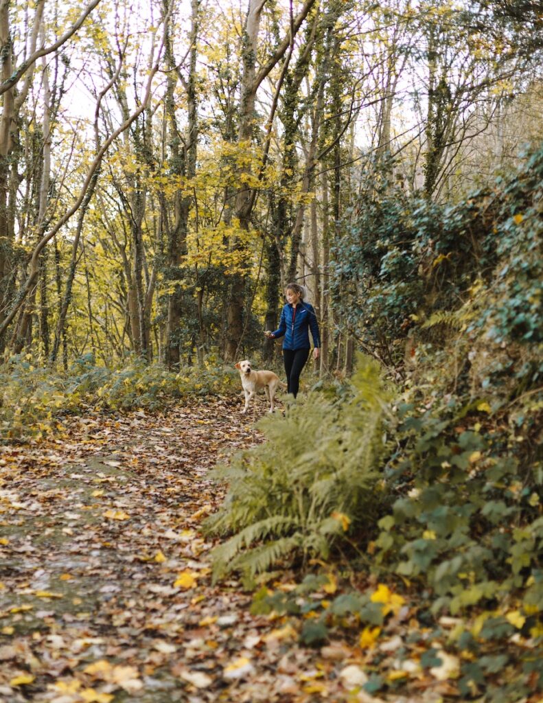 Woman and Dog Walking at Woods - angrylionfitness.com