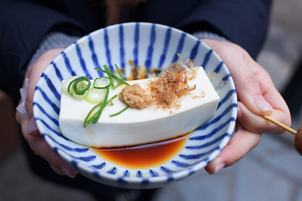 Tofu person holding white and blue ceramic plate with rice and sliced cucumber